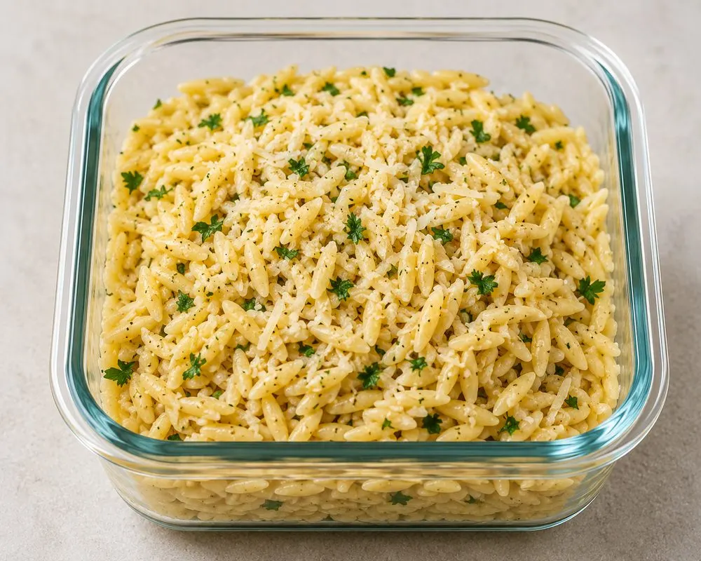 Herbed orzo in a glass container